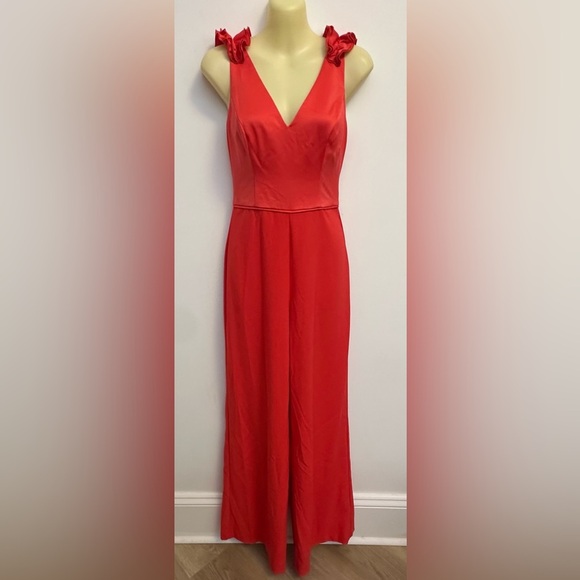 Adrianna Papell Ruffle Shoulder Stretch Crepe Jumpsuit in Calypso Coral - Picture 2 of 11